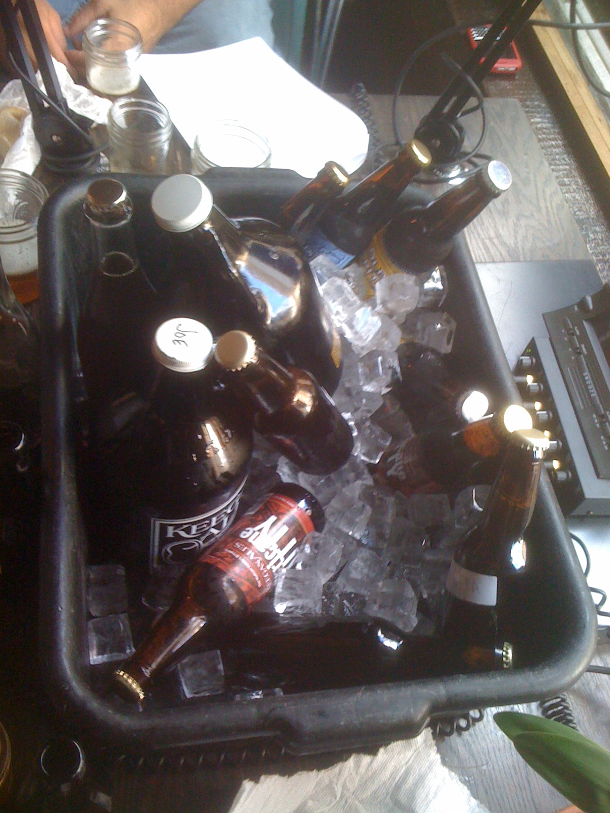 Beer bucket with craft bottles on ice, including Founders KBS, at NYC beer bar tasting event, June 2010