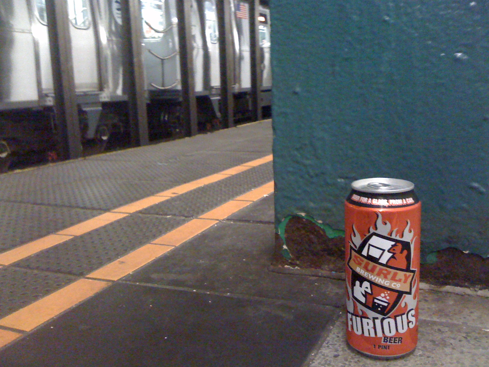 Surly Furious beer can on NYC subway platform, circa 2010