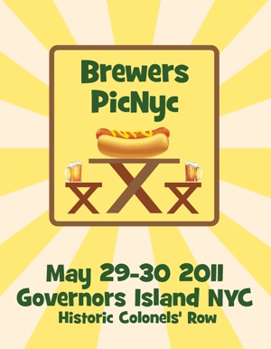 Brewers PicNyc event poster, May 29-30 2011, Governors Island NYC, featuring hot dog and beer imagery
