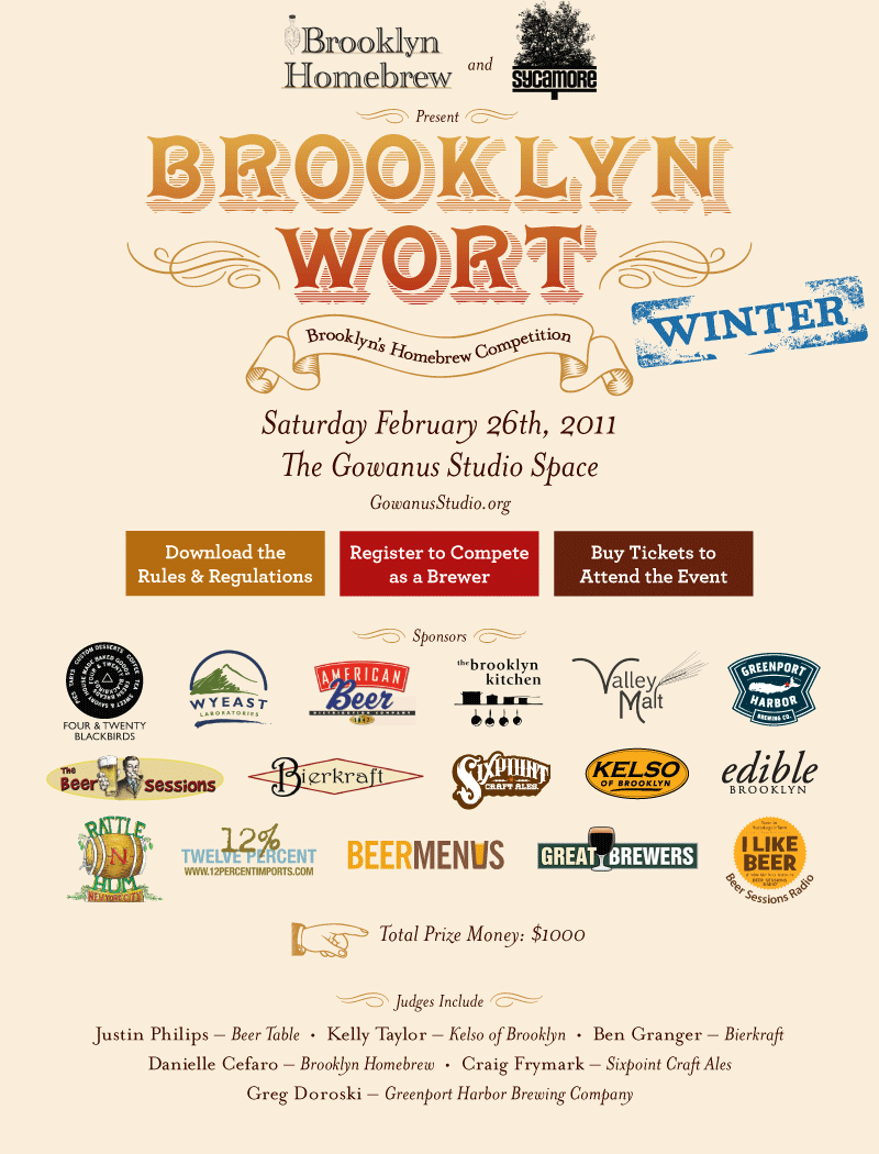Brooklyn Wort Winter homebrew competition poster, February 26, 2011, presented by Brooklyn Homebrew and Sixpoint Craft...