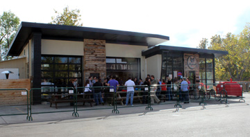 Hogshead Brewery storefront in converted service station with outdoor seating, Denver 2012