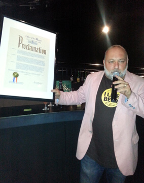 Beer Sessions Radio host displays Mayor's Proclamation at 2013 Good Beer Seal Awards ceremony