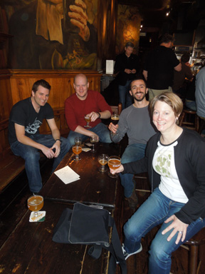 Nøgne Ø Beer event at Swift bar, 2012, with four people holding glasses including Tom Tate and Tim Stendahl