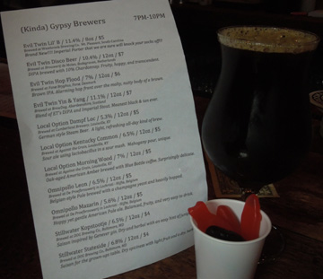 Gypsy Brewers menu at Mission Dolores bar with beer glass and Swedish Fish candy, 2012