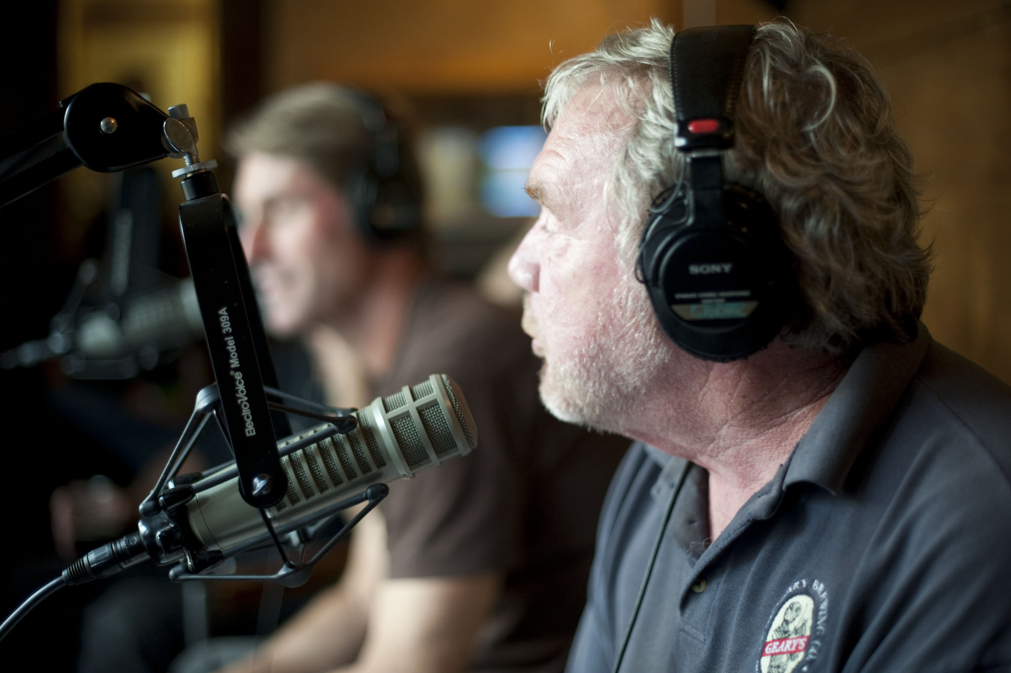 Dave Geary of DL Geary Brewing at microphone during Beer Sessions Radio recording, 2010