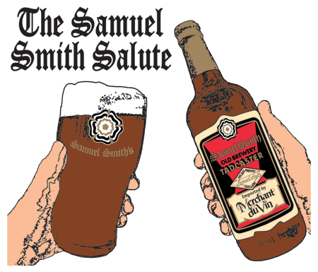 The Samuel Smith Salute logo featuring a pint glass and bottle of Samuel Smith Merchant du Vin ale, 2011