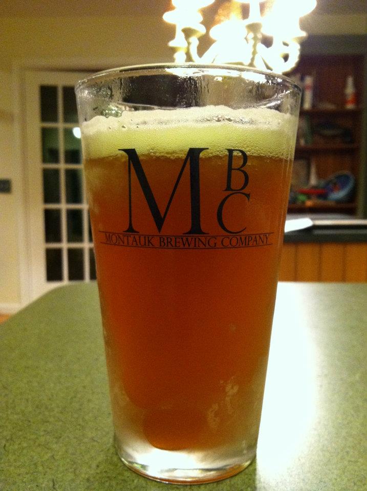 Montauk Brewing Company pint glass with amber ale and thick head, circa 2012