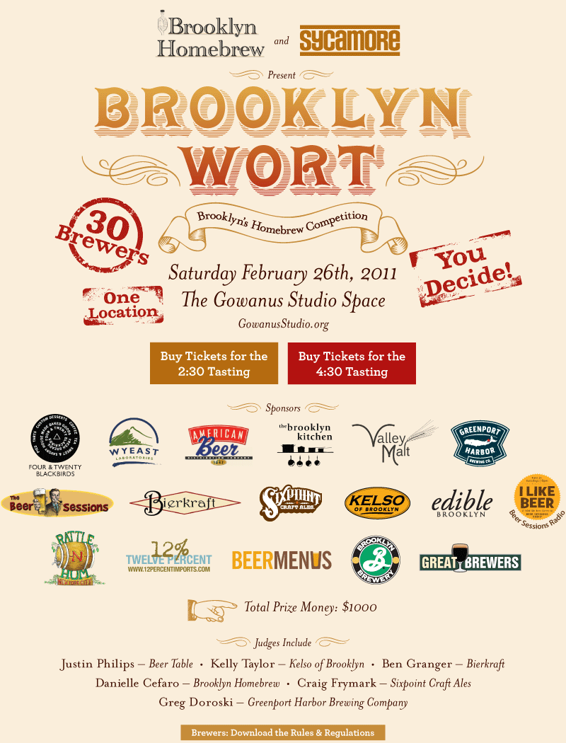 Brooklyn Homebrew and Sycamore present Brooklyn Wort homebrew competition, February 26, 2011, featuring 30 brewers at The...