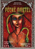 Peche Mortel beer label from Dieu du Ciel! brewery featuring red artwork with a woman's face, circa 2010