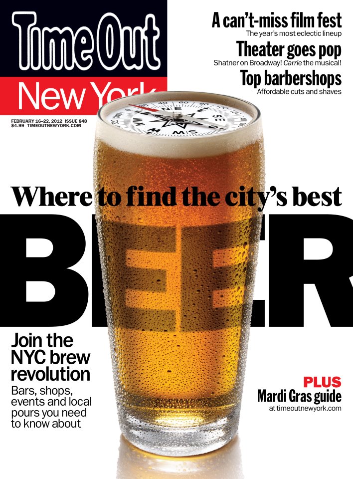 Time Out New York magazine cover, February 2012 issue, featuring a pint glass with clock face and headline 