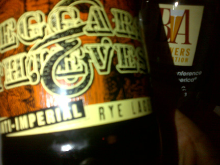 Bottle of Brooklyn Brewery Imperial Style Rye IPA next to Beer Sessions Radio promotional glass, circa 2013