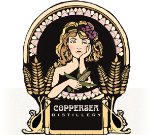 Coppersea Distillery logo featuring a woman with flowers in her hair surrounded by wheat stalks, circa 2012
