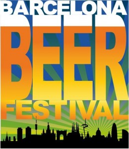 Barcelona Beer Festival poster with blue text at top, large orange and yellow letters, and silhouetted cityscape at bottom