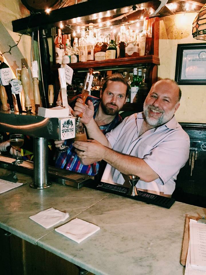 Luke Manson and Jimmy Carbone pouring Beanery Brewing's Ethiopian Coffee Milk Stout at Jimmy's No. 43 bar, circa 2015