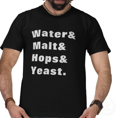 Black t-shirt printed with beer brewing ingredients: Water, Malt, Hops, Yeast